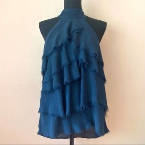 Trouve Nordstrom Blue Sleeveless Fringe Tiered High Collar Swing Top Medium